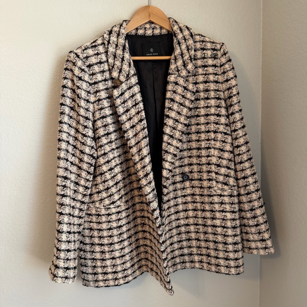 Anine Bing Diana Double Breasted Relaxed Fit Blazer in Apricot Tweed, X-Large - Picture 7 of 16